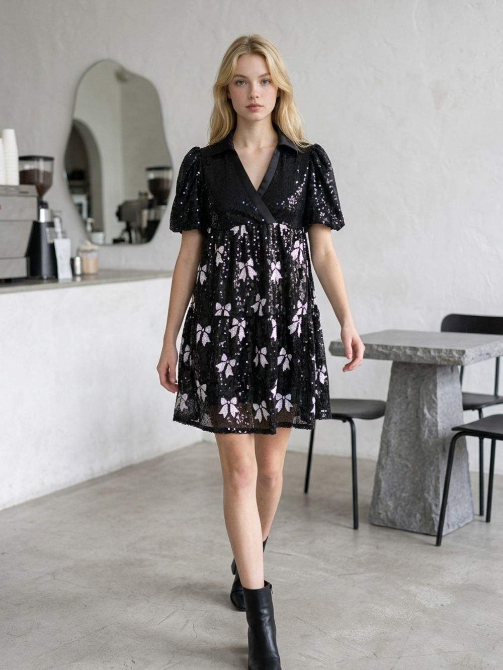 Simply Southern Black Sequin Mini Dress with Bow Pattern
